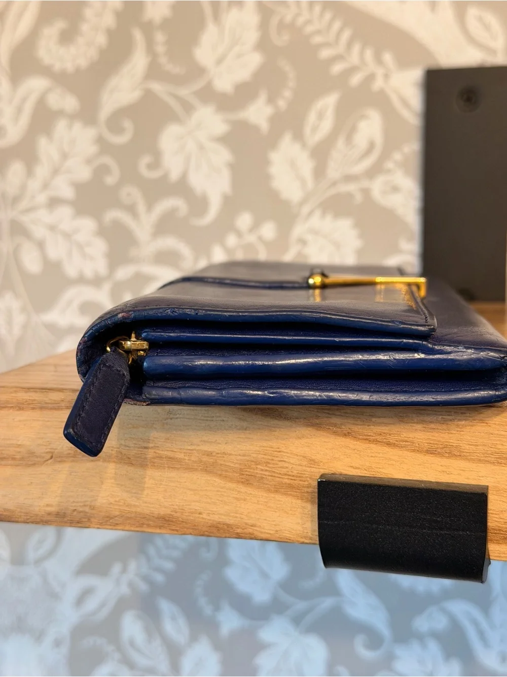 Authentic Saint Laurent YSL Blue Smooth Leather Cassandra Wallet Gold Hardware